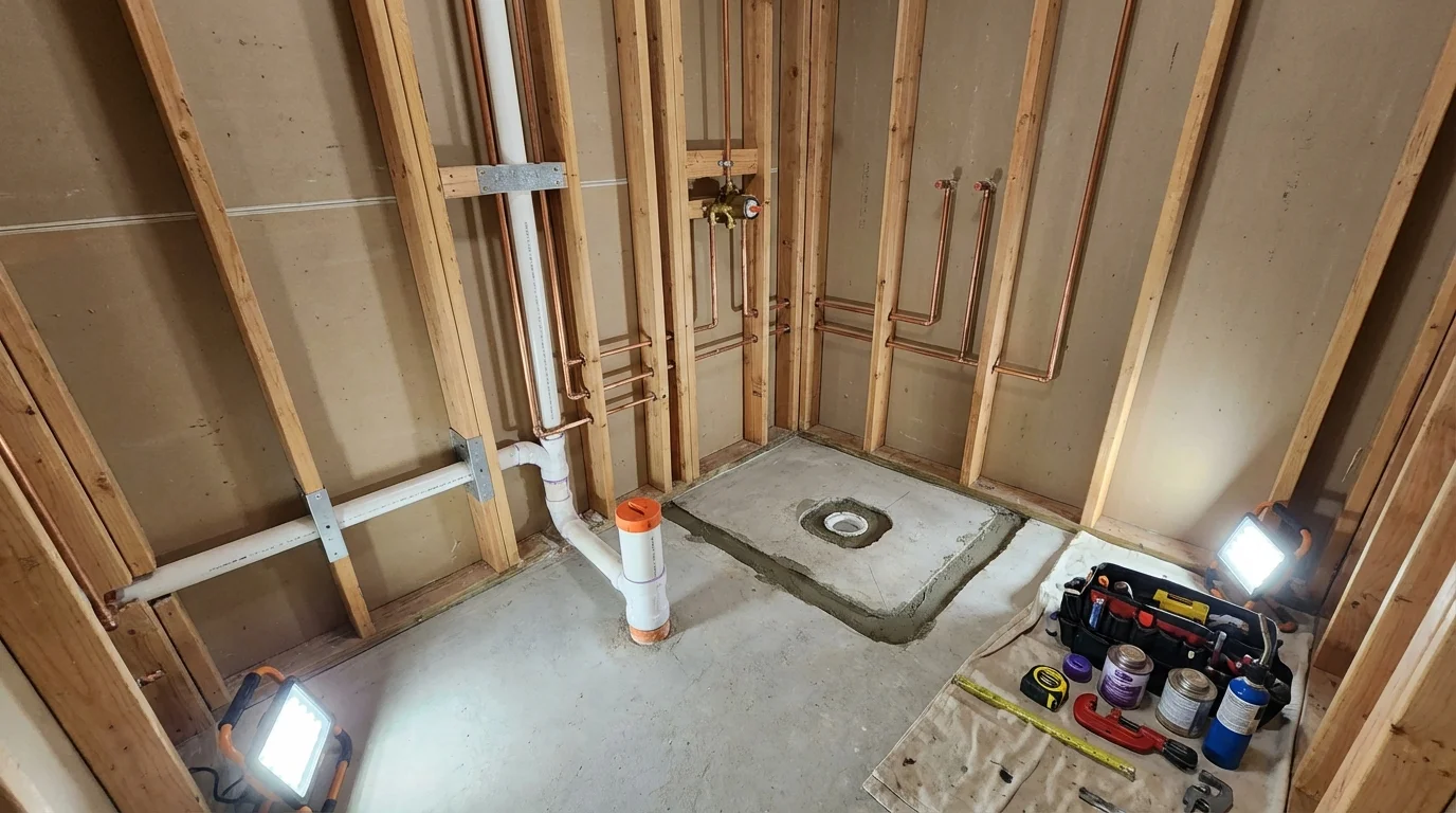 Bathroom rough-in plumbing during remodel by Johns Plumbing LLC in Arnolds Park