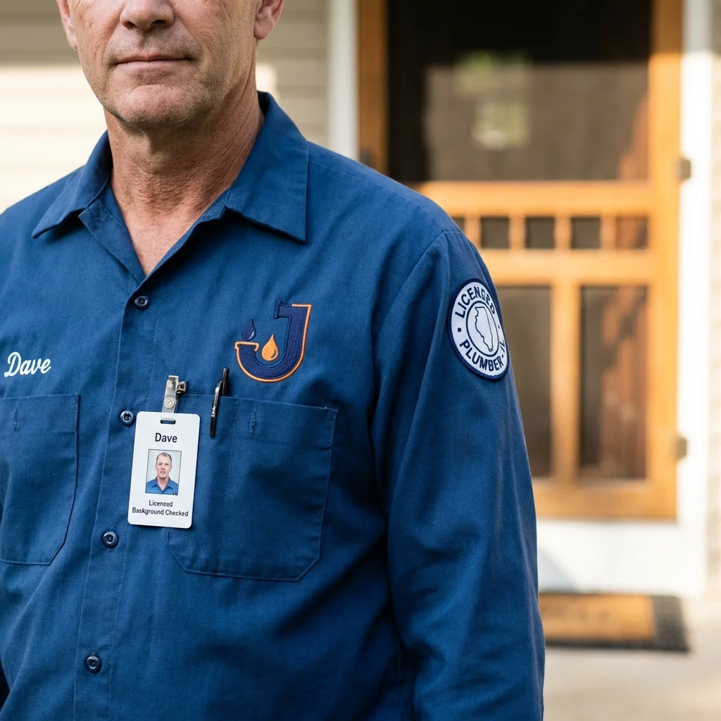 Licensed plumber showing ID badge in Arnolds Park, IA