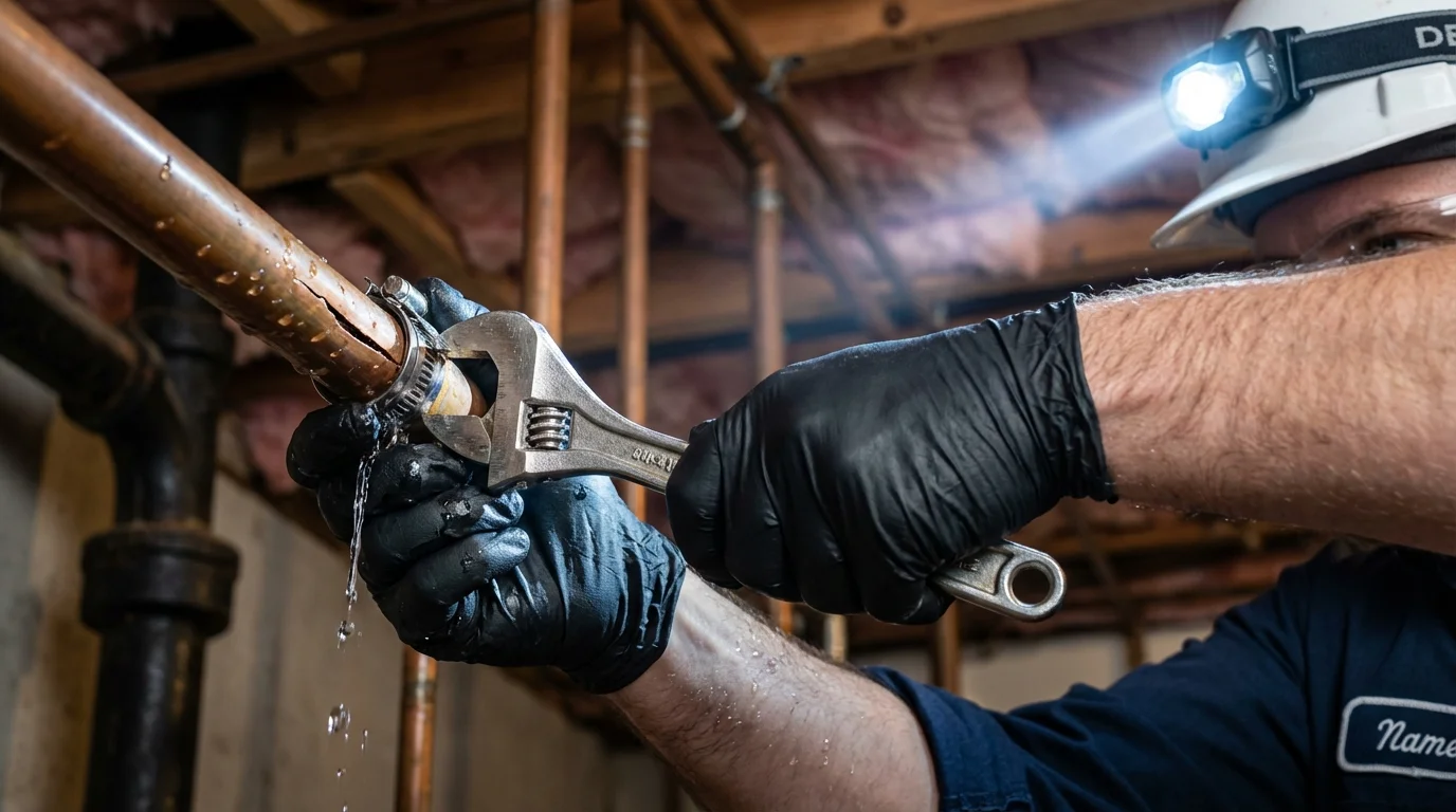 Emergency pipe clamp repair being performed by a Johns Plumbing LLC plumber in Arnolds Park
