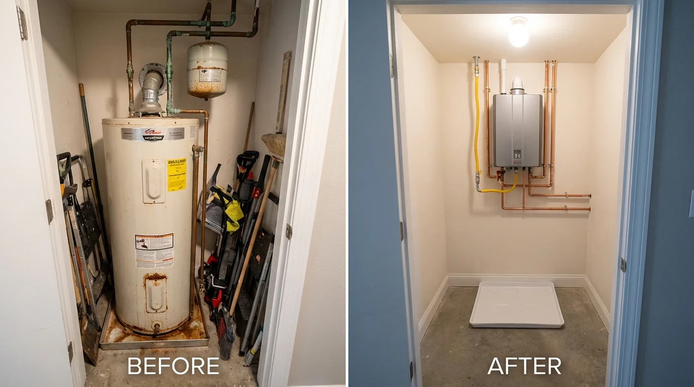 Tank water heater versus wall-mounted tankless unit comparison for Arnolds Park, IA homeowners