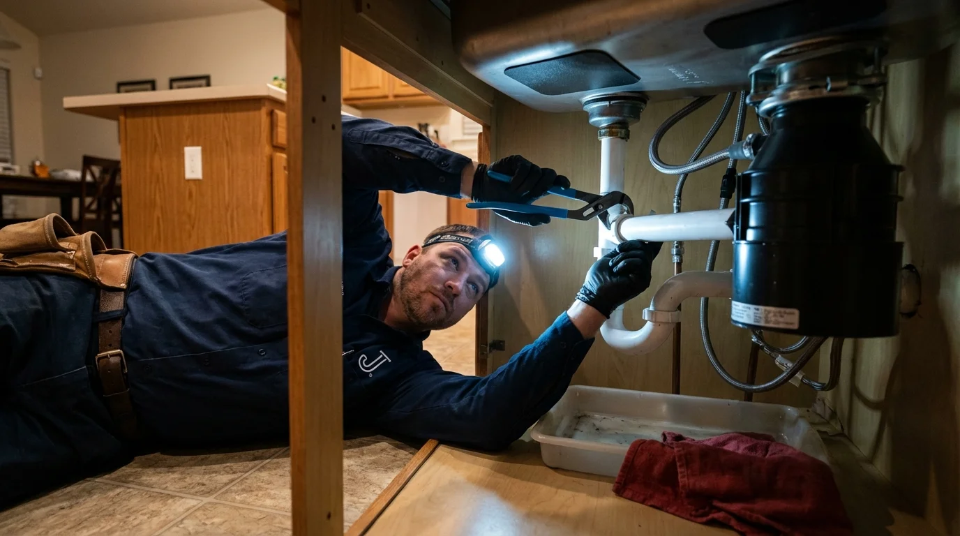 P-trap and supply line connections under a kitchen sink showing a common leak point in Arnolds Park, IA